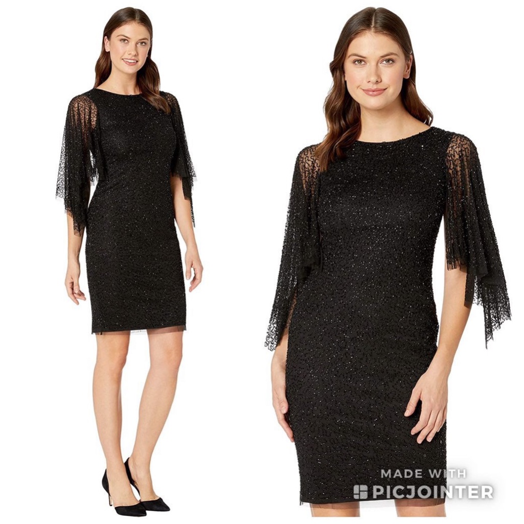 Adrianna Papell Beaded Cocktail Dress Flutter Sleeves Black 6